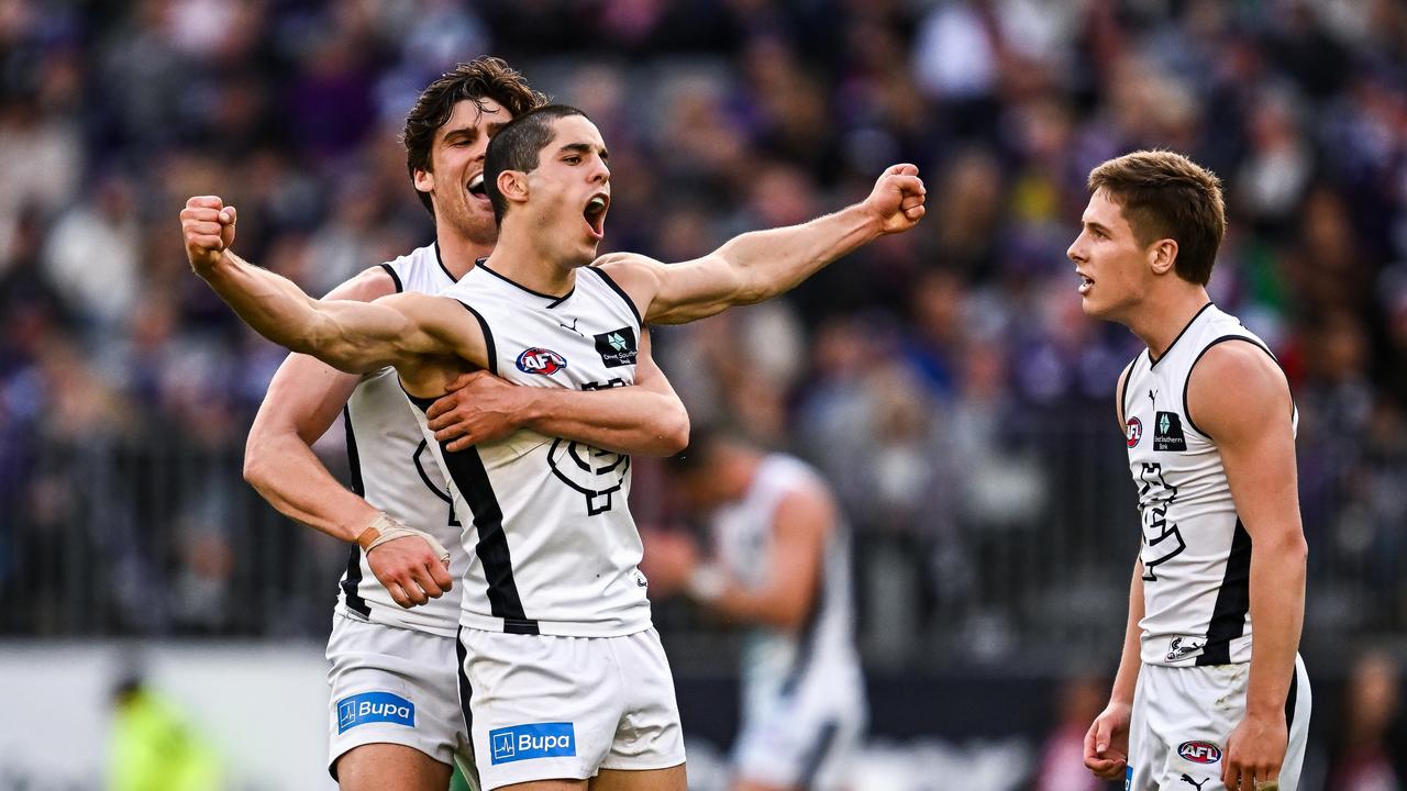 Adam Cerra of the Blues celebrates a goal. Picture: Daniel Carson/AFL Photos