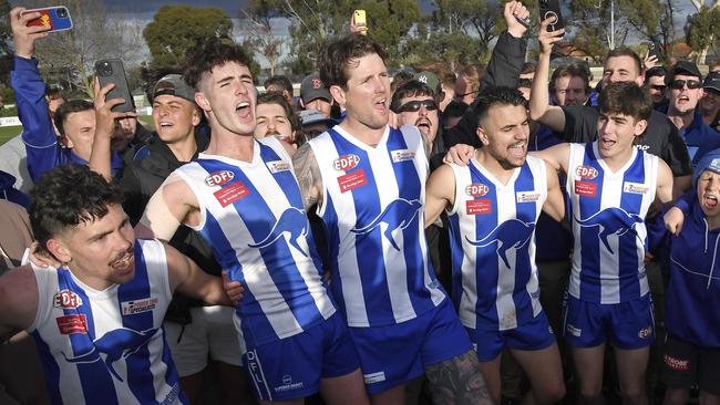 Oak Park players celebrate after winning the EDFL Division 2 grand final between Oak Park and Sunbury Kangaroos in Coburg, Saturday, Sept. 9, 2023. Picture: Andy Brownbill