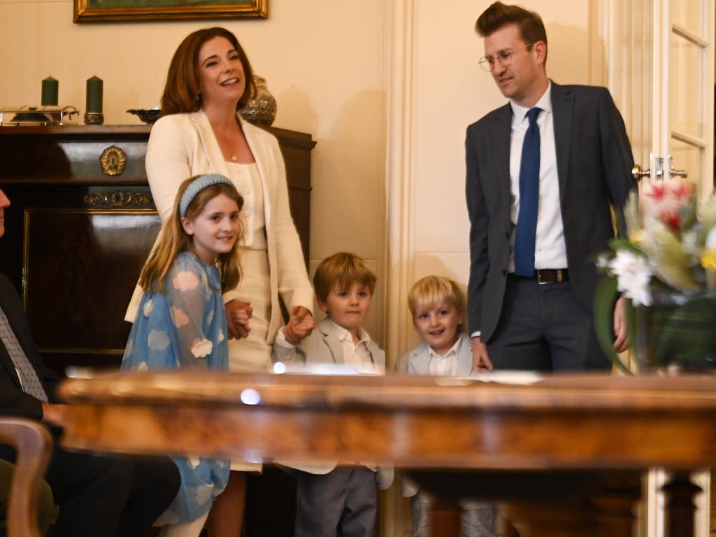 Anika Wells with her husband Finn, daughter Celeste (8) and twins Dash and Oshy (5) during the swearing-in ceremony at Government House, Canberra. Picture: NewsWire / Martin Ollman
