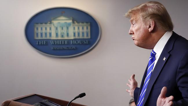 President Donald Trump speaks about the coronavirus in the James Brady Press Briefing Room of the White House.