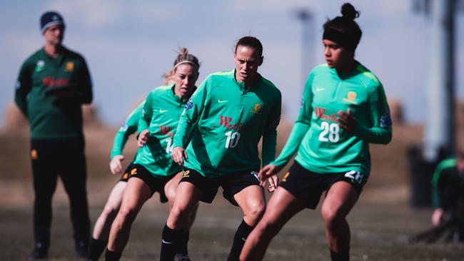 The Matildas training in Denver this week. From left, Alanna Kennedy, Emily van Egmond and Mary Fowler. Picture: Rachel Bach