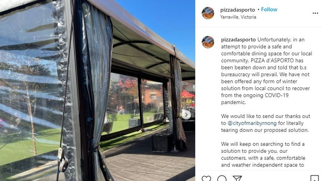 Yarraville's Pizza D'Asporto has had its outdoor dining plan shut down by Maribyrnong Council. Picture: Instagram.