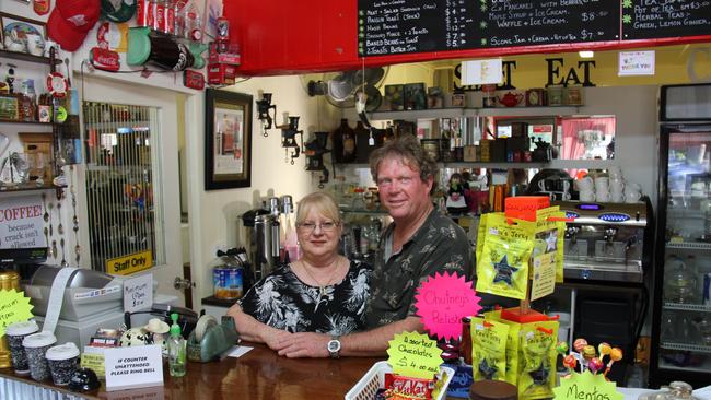 MJs Retro Cafe Benaraby owners Marty Hayden and Julie Kirby inside their rock and roll themed premises full of memories of yesteryear.