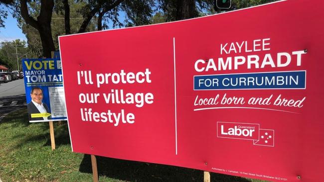 Signage for Kaylee Campradt in the Currumbin by-election.