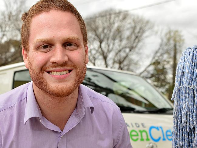 Jordan Walsh ended is career as a lawyer to start up his own cleaning business 'Adelaide Green Clean' focusing on environmentally friendly products two years ago. Since then, he has merged with Adams Cleaning. Picture: Bianca De Marchi