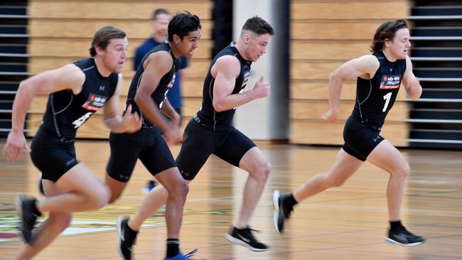 Tom Hutchesson, Trent Burgoyne, Jed McEntee and James Rowe during the 2019 SA AFL draft combine at Prince Alfred College. Picture: AAP/Sam Wundke