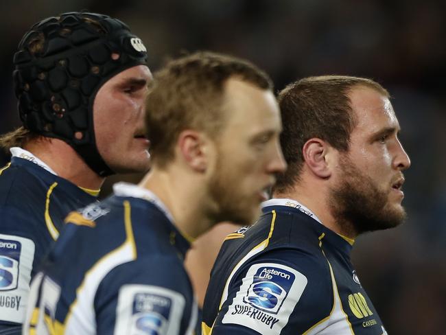 ACT Brumbies behind there goal line after loosing to NSW. NSW Waratahs Vs ACT Brumbies Saturday 28th June 2014. Pic: Mitch Cameron