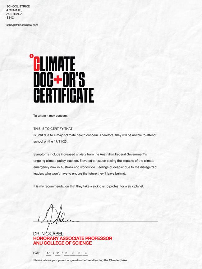 Dr Nick Abel from the Australian National University added his name to the climate doctor’s certificate.