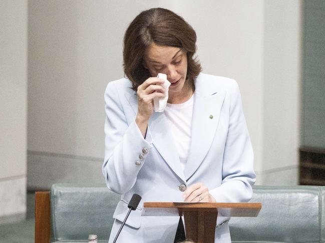 Independent MP Sophie Scamps wipes away tears towards the end of her speech as she thanked family, friends and supporters. Picture: NCA NewsWire / Gary Ramage