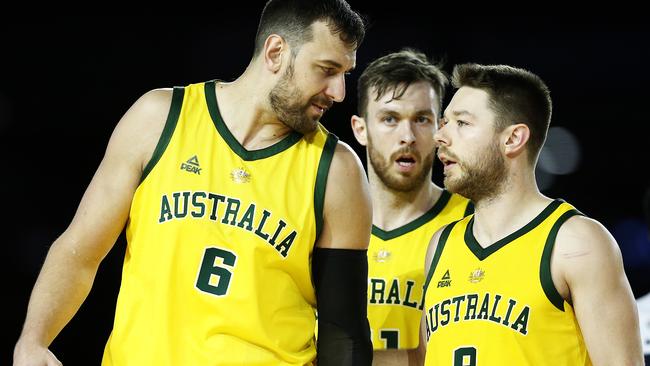 Andrew Bogut chats with Matthew Dellavedova during the Boomers’ recent series against USA. Picture: Daniel Pockett/Getty Images.