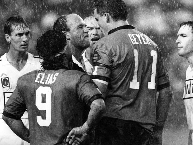 The iconic picture of Mark Geyer confronting Queensland's Wally Lewis during a State of Origin match. Picture: Geoff McLachlan