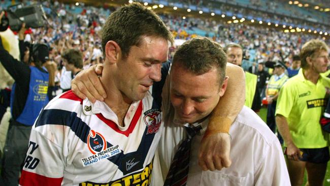 Ricky Stuart and Brad Fittler after their 2002 premiership success.