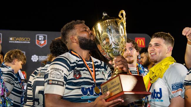 Jonas Niki celebrates the Darwin Brothers win in the 2024 NRL NT grand final against Northern Sharks. Picture: Pema Tamang Pakhrin