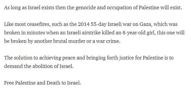 A screengrab of the On Dit article calling for “Death to Israel”.