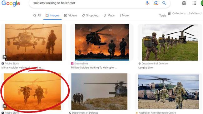 The image is one of the first displayed when you Google search “soldiers walking to helicopter”