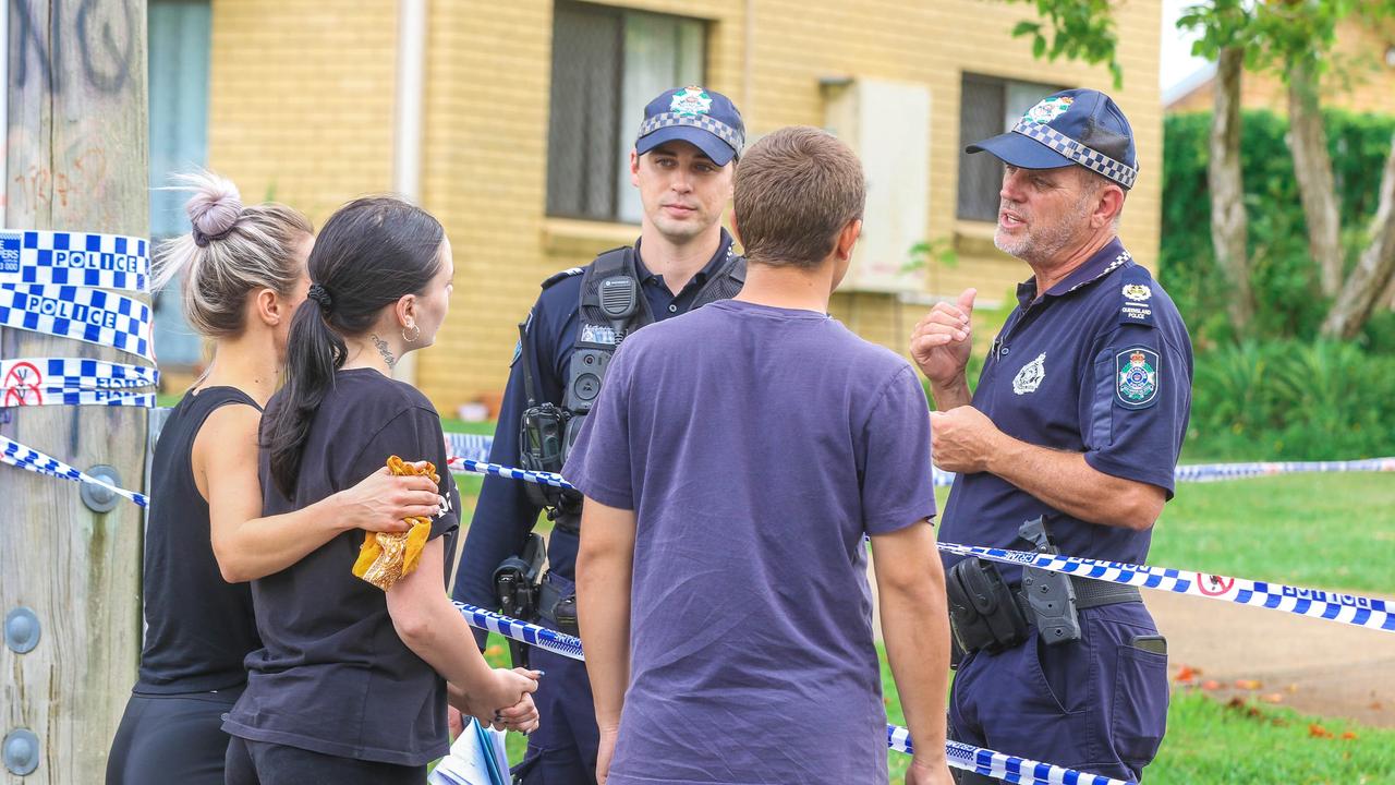 People known to Mr Bower-Miles at the scene of at his overnight stabbing death. Picture: NCA NewsWire/ Glenn Campbell