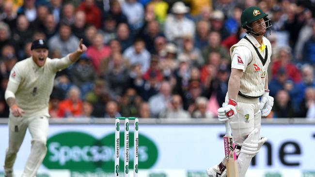 England allrounder Ben Stokes celebrates as David Warner is caught behind Picture: AFP