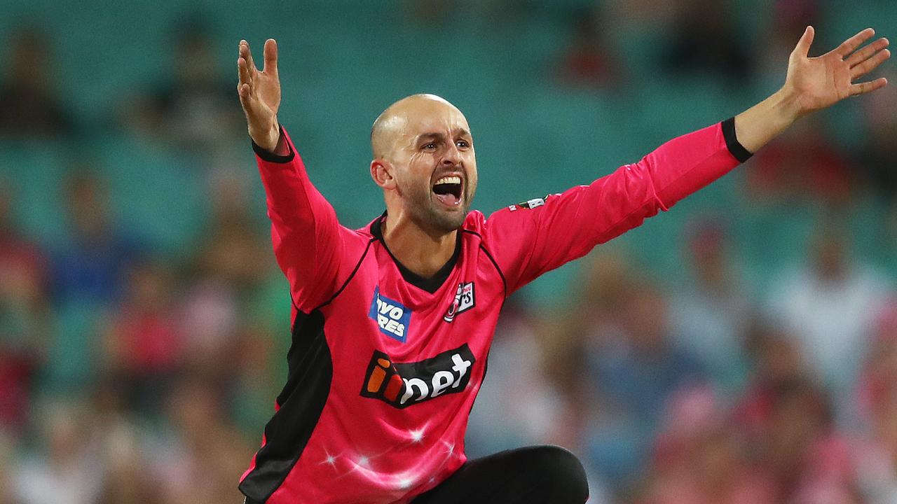 Nathan Lyon appeals for a wicket during a rare appearance for Sydney Sixers. Picture: Phil Hillyard.