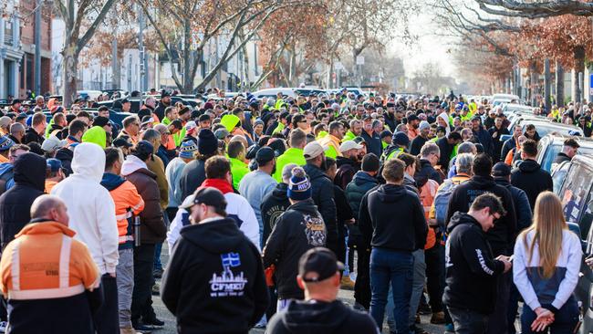 CFMEU members outside Melbourne’s Festival Hall during voting on a new EBA in June. Picture: Aaron Francis