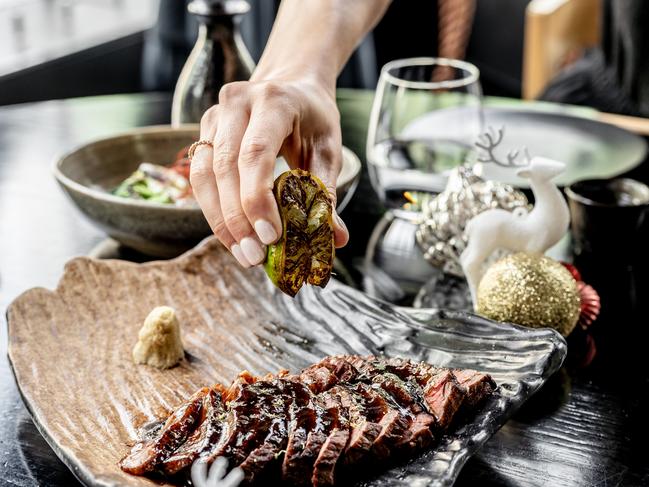 Sokyo’s Tajima MBS 9+ sirloin with grilled baby gem lettuce and anchovy dressing. Picture: Supplied