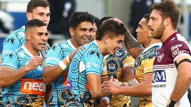 GOLD COAST, AUSTRALIA - JUNE 20: Jayden Campbell of the Titans celebrates a try during the round 15 NRL match between the Gold Coast Titans and the Manly Sea Eagles at Cbus Super Stadium, on June 20, 2021, in Gold Coast, Australia. (Photo by Chris Hyde/Getty Images)