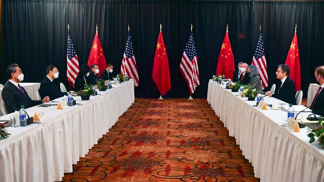 The Chinese and US delegations at the talks between the two nations. Picture: AFP