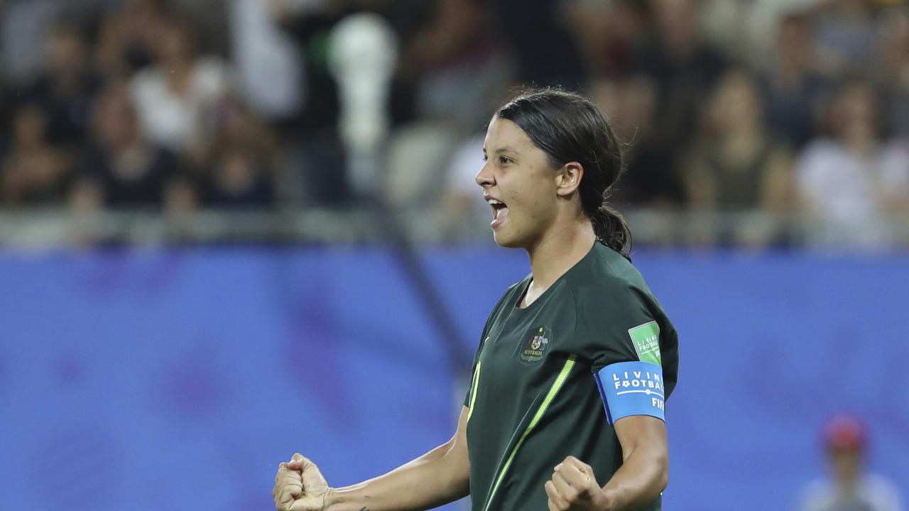 Australia's Sam Kerr celebrates. (AP Photo/Laurent Cipriani)