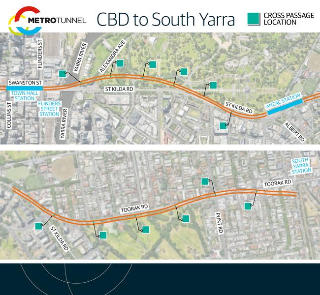 A map of the Metro Tunnel from the CBD to South Yarra.