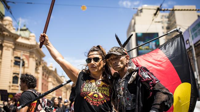 Greens Senator Lidia Thorpe takes part in the Invasion Day rally on Thursday. Picture: Getty Images