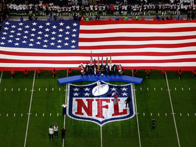Pink sings the national anthem prior to Super Bowl LII between the New England Patriots and the Philadelphia Eagles at U.S. Bank Stadium on February 4, 2018 in Minneapolis, Minnesota. Picture: Getty