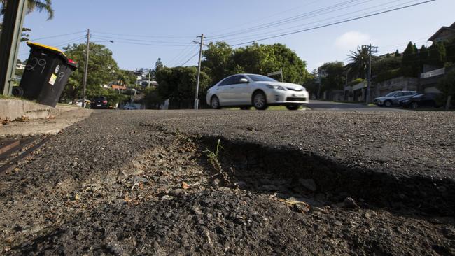 A pothole on Bundarra Road in Bellevue Hill, Sydney, 9th January, 2019. Picture by Damian Shaw