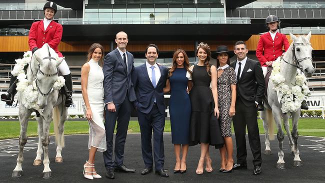 The team (from left) Rachael Finch, Ryan Fitzgerald, Michael Wipfli, Kyly Clarke, Ricki-Lee Coulter, Jodi Anasta and Braith Anasta pose at Royal Randwick. Picture: Mark Metcalfe/Getty Images