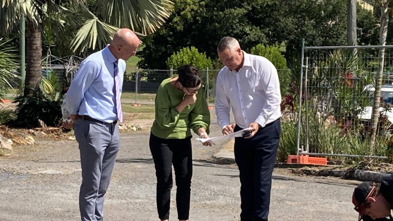 Mayor Glen Hartwig (left) and Minister Leeanne Enoch examine the plans for the park, which is being upgraded as part of a wider $10.5m State Government investment in helping the region’s housing crisis.