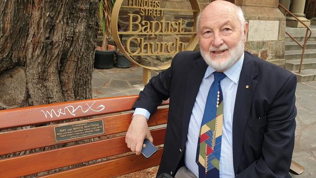 Former Labor attorney-general Chris Sumner on a bench dedicated to Ray and Mavis Whitrod. Picture: Colin James