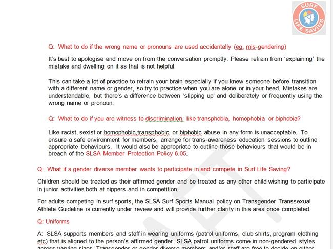 A section of a new draft "Diverse Gender Factsheet for Surf Life Saving Clubs", which have been criticised as "woke gender ideology" by some volunteers.