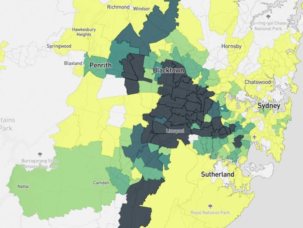 Sydney, with darker colours showing a higher frequency of Covid-19 cases. Picture: NSW Health