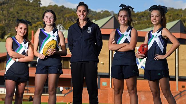 Ange Foley with aspiring young Seymour College footballers Sophie, Maddie, Alice and Tallulah. Picture: Tom Huntley