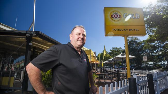 Publican Darren Carter at the Torquay Hotel in Hervey Bay where he is struggling to hire staff in a town with one of Queensland's highest unemployment rates. Picture: Lachie Millard.