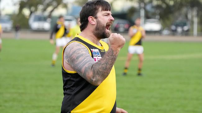 RDFNL footy: Wallan v Kyneton at Greenhill Reserve. Ryan Pretty of Kyneton celebrates his goal.Picture : George Sal