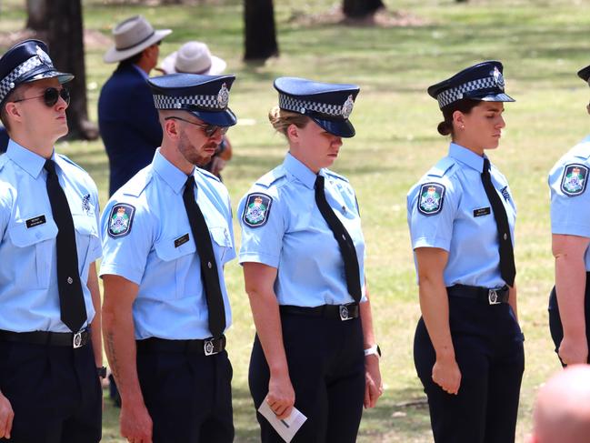 The guard of honour at the memorial service with full police honours for constables Rachel McCrow and Matthew Arnold at Brisbane Entertainment Centre. Picture: David Clark