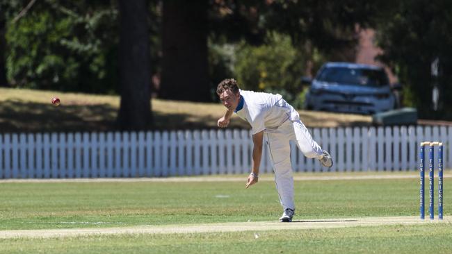 Kallum Russell bowls for Nudgee College against Toowoomba Grammar School in GPS Competition 1st XI round three cricket at TGS Mills Oval. Picture: Kevin Farmer