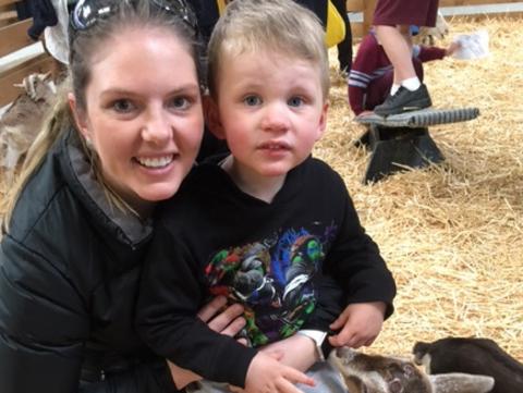 Natalie Downton and son Archie, 3, at the animal nursery at the Royal Hobart Show. Picture: ROGER HANSON