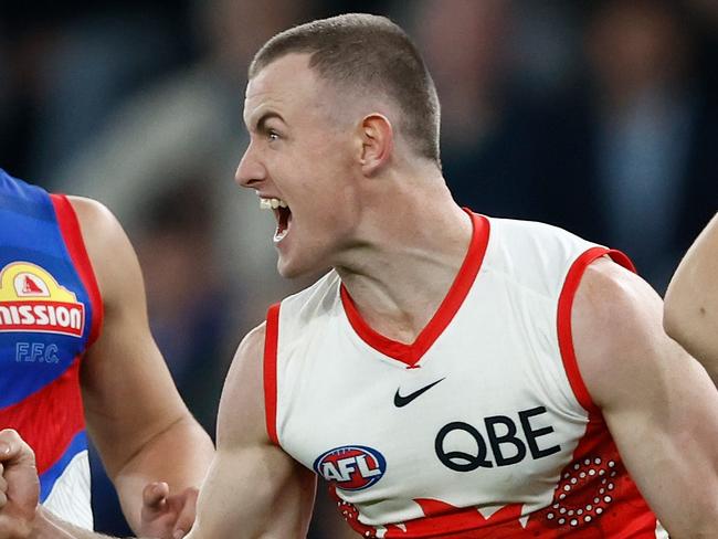 MELBOURNE, AUSTRALIA – MAY 23: Chad Warner of the Swans celebrates a goal during the 2024 AFL Round 11 match between the Western Bulldogs and the Sydney Swans at Marvel Stadium on May 23, 2024 in Melbourne, Australia. (Photo by Michael Willson/AFL Photos via Getty Images)