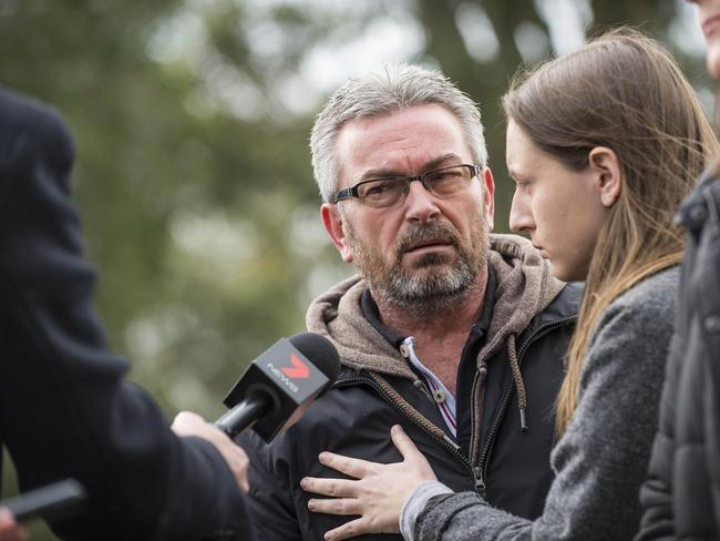 Karen's husband Borce Ristevski and daughter Sarah speak to media. Picture: Eugene Hyland