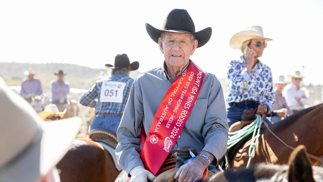 Mount Isa Rodeo 2024 - 93 year old Bob Holder was awarded the over 90s header buckle at the Mount Isa Rodeo. Picture by Luke Marsden. - Photo Supplied