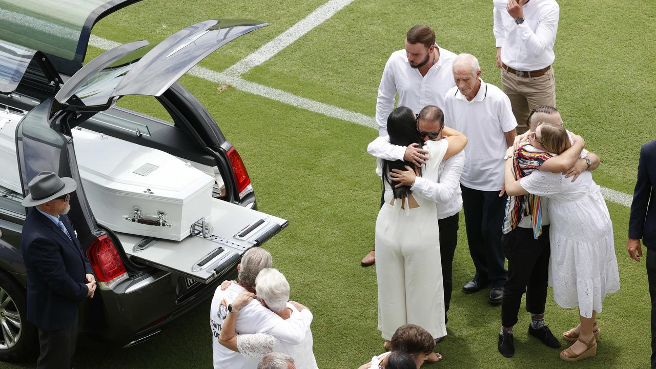 Michael and Kerri-Lyn Stewart farewell their son at the funeral service for 16 year old Sunshine Coast stabbing victim Balin Stewart at Sunshine Coast Stadium. Picture Lachie Millard