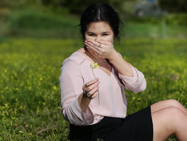 Zoe Wilson is a hayfever sufferer. Picture: Peter RistevskiThe pollen monitoring season officially kicks off on Monday and it is generally expected to be a good one for people with asthma and hayfever, but the risk of 'thunderstorm asthma' events remains the same. Pic of intern