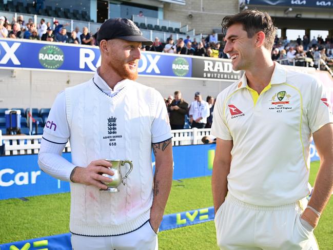 LONDON, ENGLAND - JULY 31: Ben Stokes of England and Pat Cummins of Australia interact following Day Five of the LV= Insurance Ashes 5th Test Match between England and Australia at The Kia Oval on July 31, 2023 in London, England. (Photo by Gareth Copley/Getty Images)