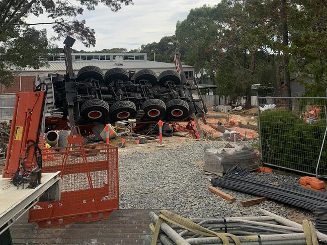 A crane fell over at a South Australian school on Thursday morning. Picture: Mike Lorigan/9 News