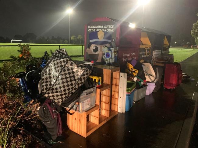 Rubbish dumped next to a SCR clothes collection bin at a suburban oval Picture: Supplied